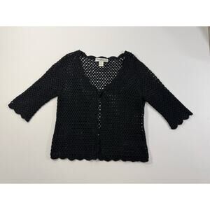 Vintage Norm Thompson Black Open Knit Cardigan Linen Cotton Blend Size M